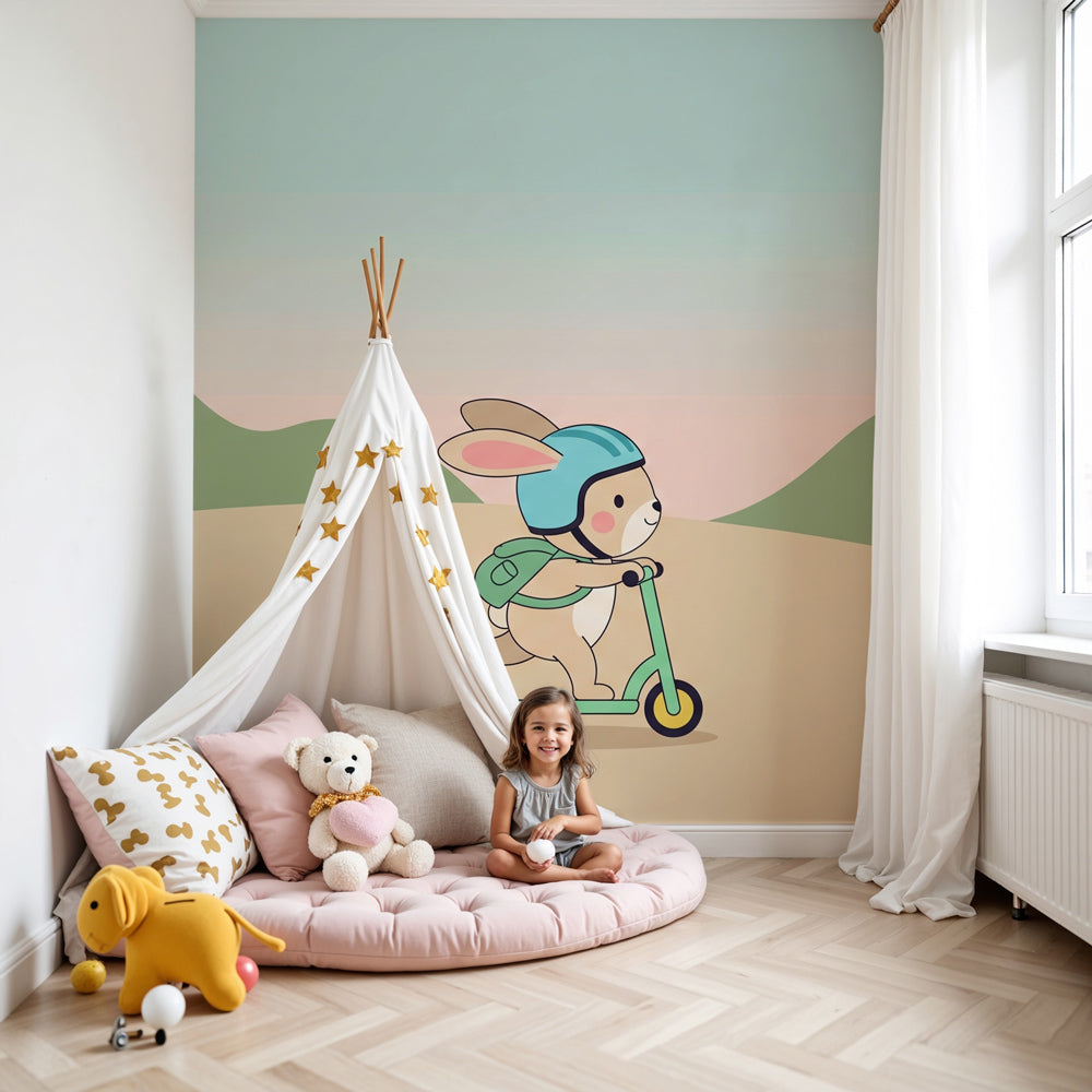Rabbit scooter mural wallpaper in modern kids bedroom with pastel adventure theme by Kids-Mundo