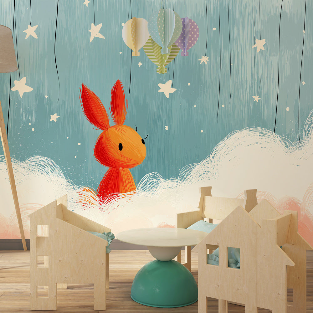 Blue and terracotta rabbit wallpaper transforming modern baby bedroom with starlit sky design