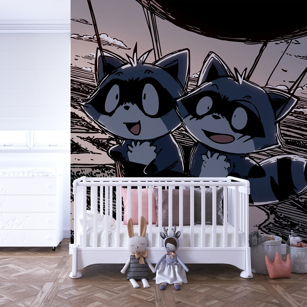 Raccoon hot air balloon wallpaper transforming children's bedroom into magical adventure space