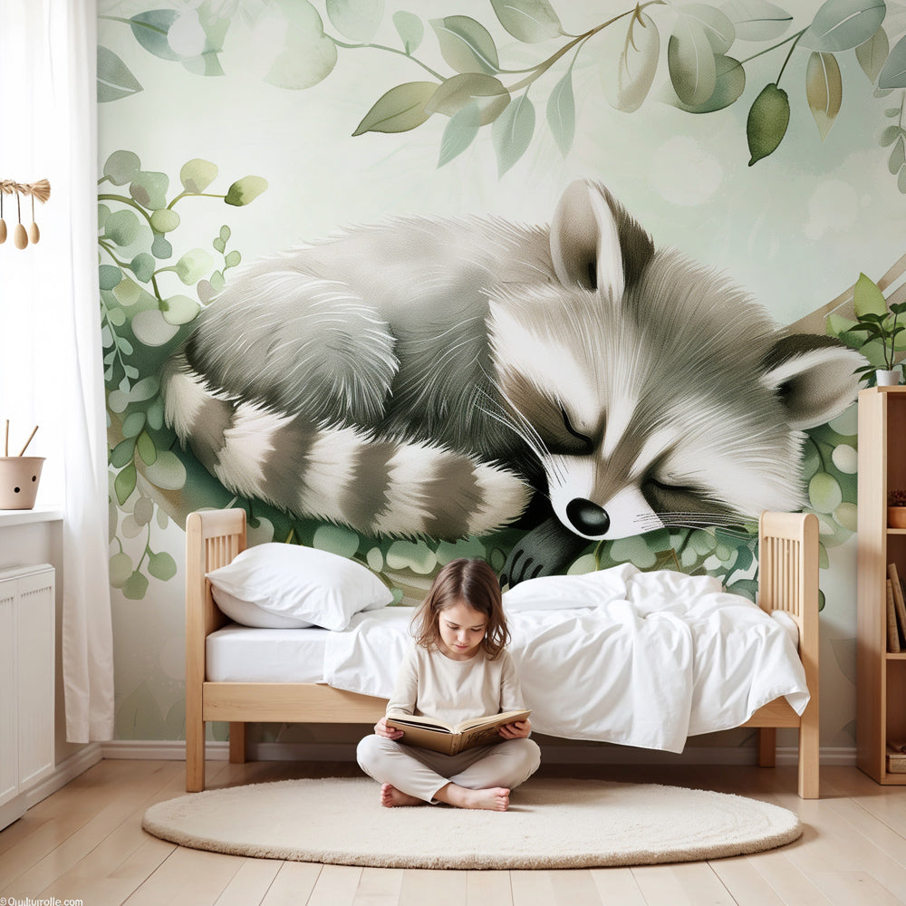 Raccoon forest mural wallpaper in modern nursery room with wooden crib by Kids-Mundo