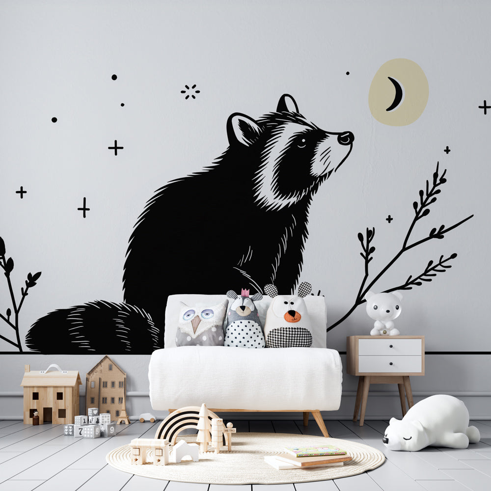 Forest animal wallpaper with raccoon and moon design in modern kids bedroom setting
