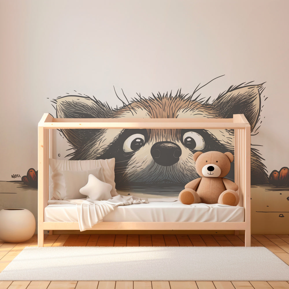 Playful raccoon wallpaper creating woodland theme in kids bedroom decor