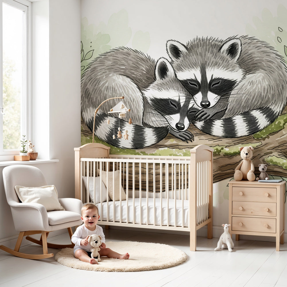Raccoon mural wallpaper in modern nursery with wooden crib and natural decor by Kids-Mundo