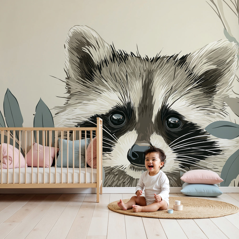 Raccoon mural wallpaper creating enchanting woodland nursery decor with forest animal theme by Kids-Mundo