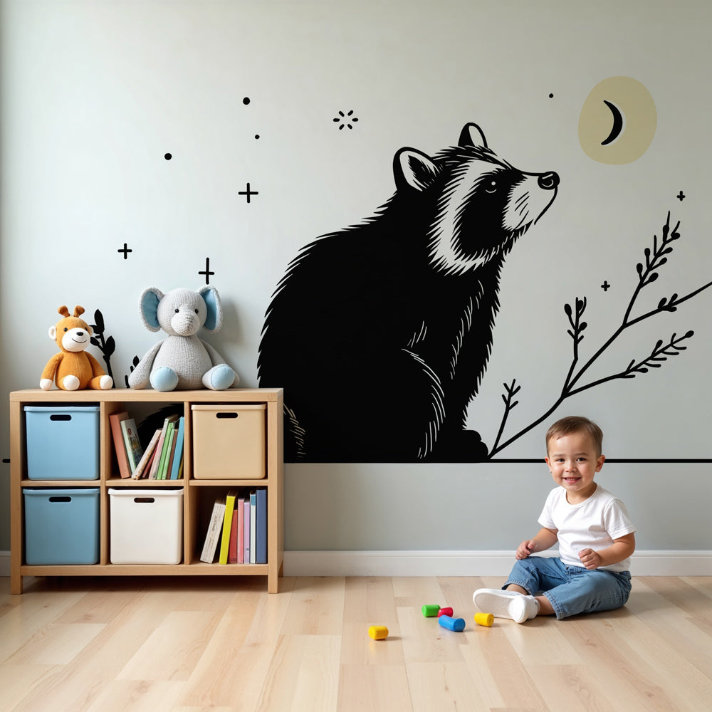 Raccoon moonlight mural wallpaper creating peaceful nursery atmosphere by Kids-Mundo