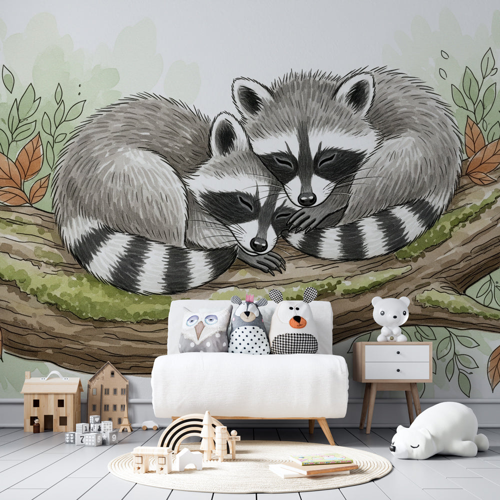 Cuddling raccoons wallpaper creating peaceful woodland atmosphere in children's bedroom