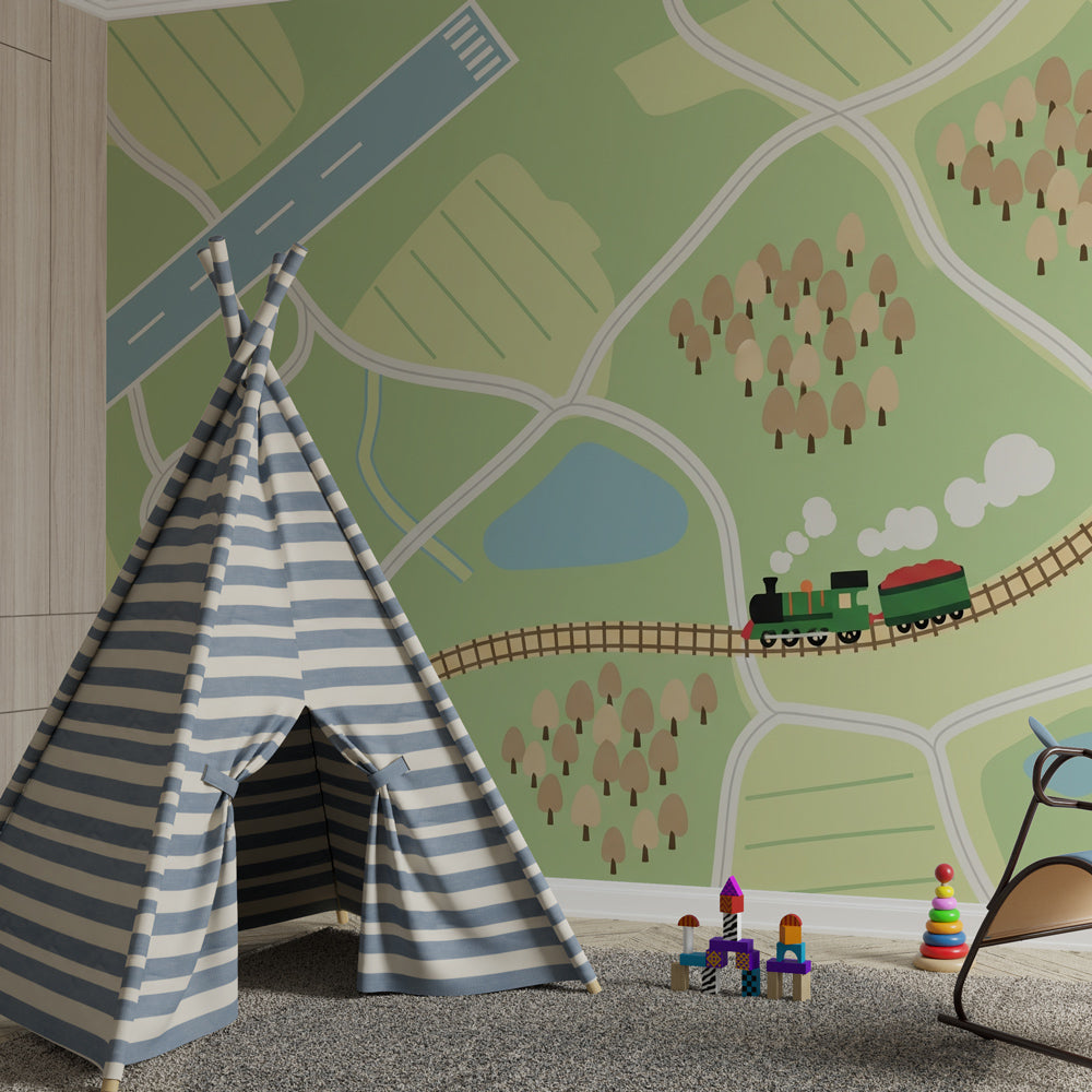 Transportation themed wallpaper creating adventure atmosphere in kids bedroom decor