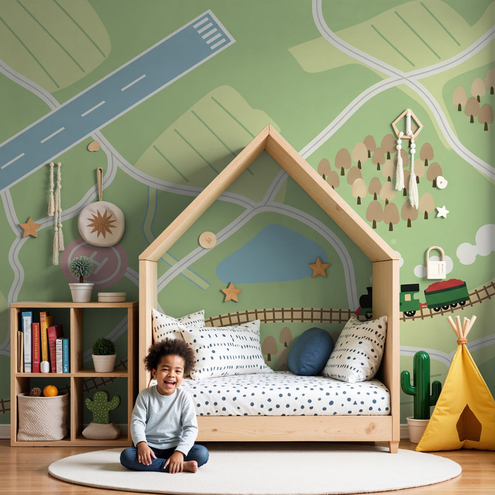Railway adventure mural wallpaper in modern nursery with steam train and landscapes by Kids-Mundo