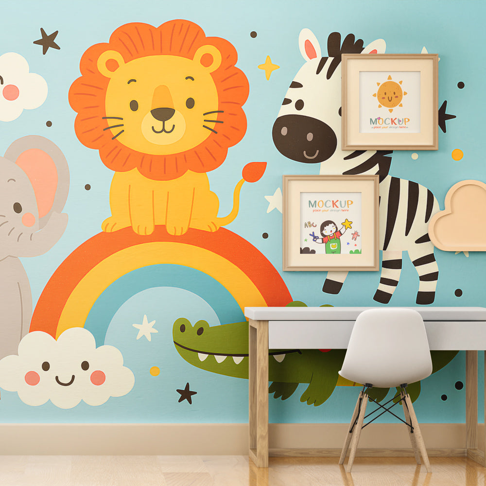 Cute safari animals wallpaper creating magical toddler bedroom with rainbow and clouds