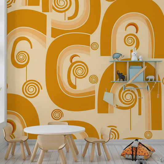 Kids bedroom featuring the Kids-Mundo retro rainbow and spiral swirl wall mural