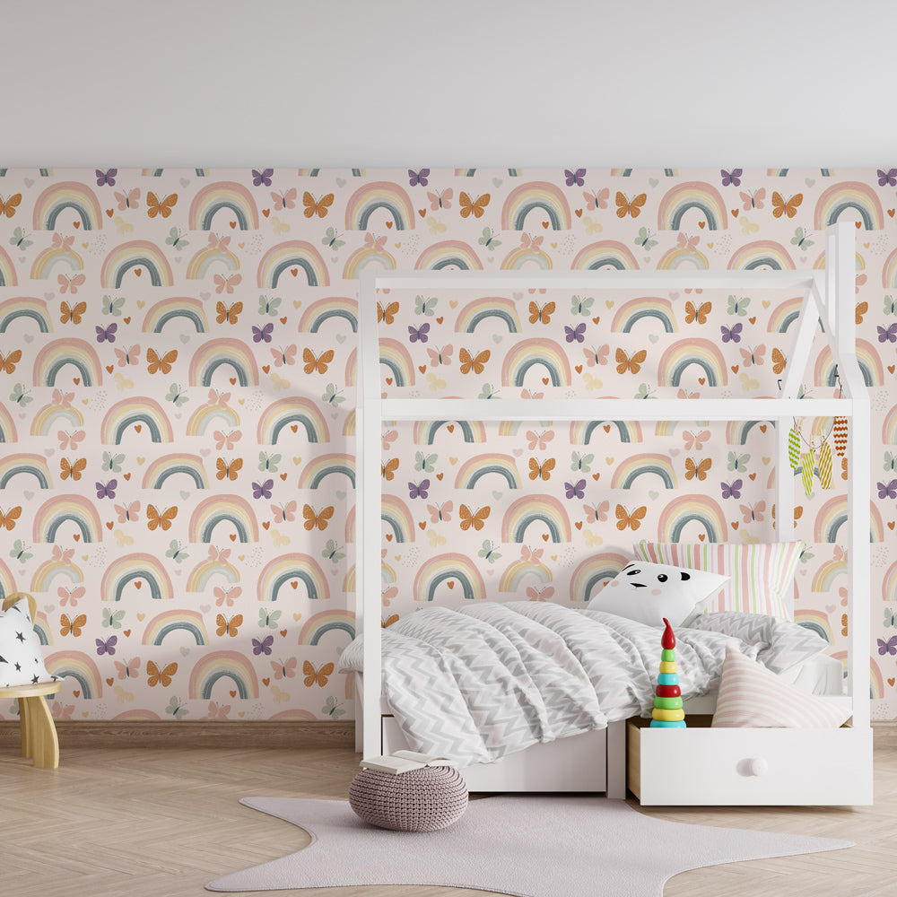 Colorful butterfly wallpaper transforming kids bedroom with dancing rainbows and pink tones