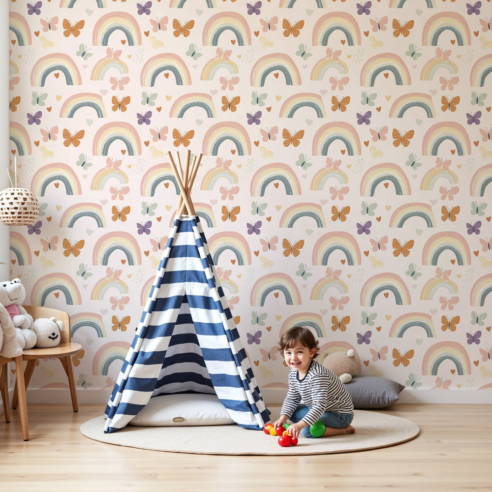 Rainbow butterfly mural wallpaper creating magical nursery decor with colorful rainbows by Kids-Mundo