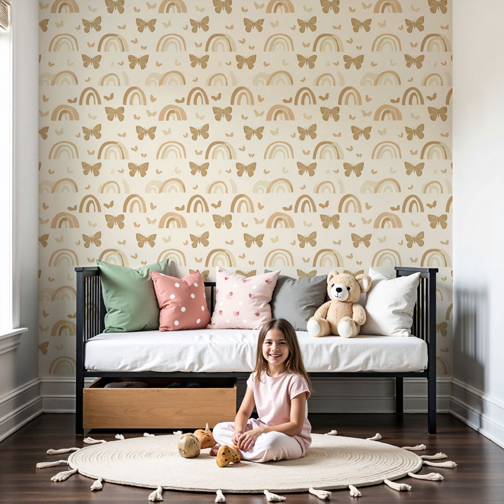 Rainbow butterfly mural wallpaper in modern nursery with cream background and golden accents by Kids-Mundo