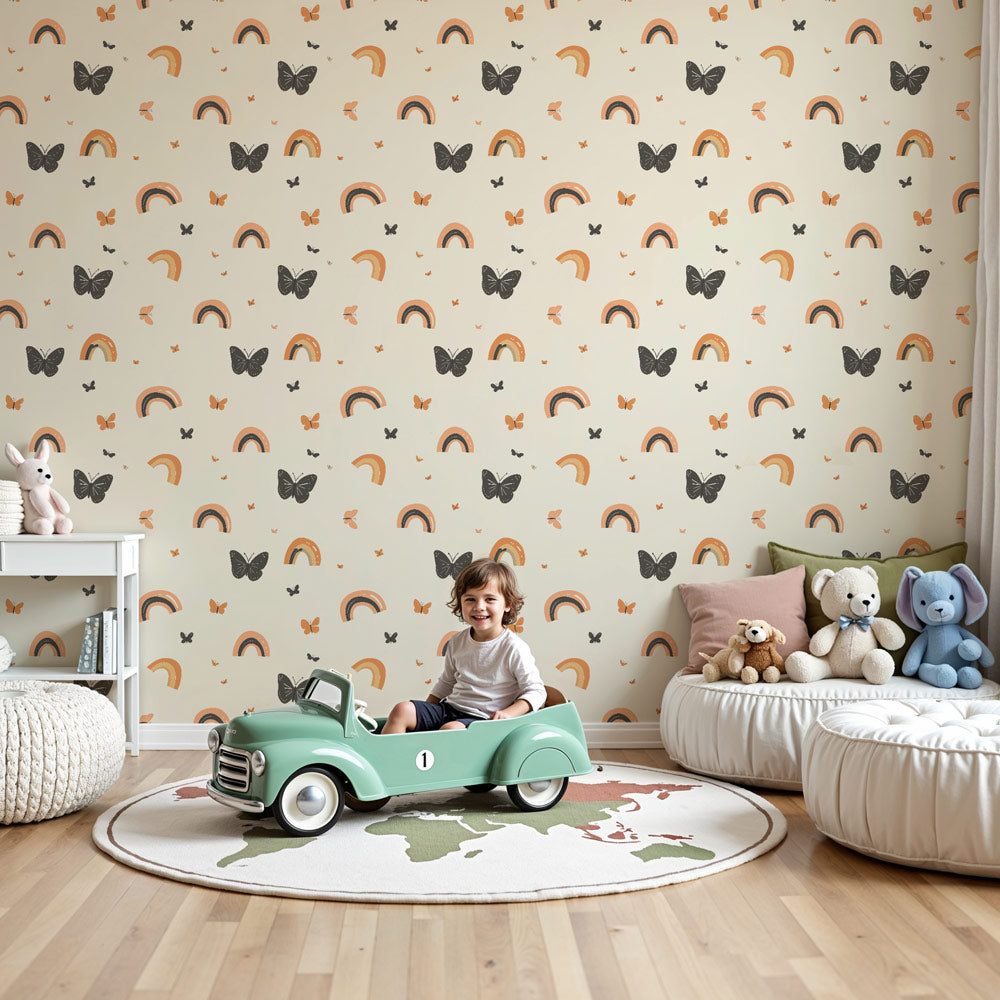 Rainbow butterfly mural wallpaper creating magical nursery decor with soft pastel colors by Kids-Mundo