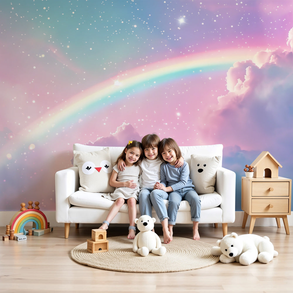 Rainbow clouds mural wallpaper creating magical starry sky atmosphere in modern nursery by Kids-Mundo
