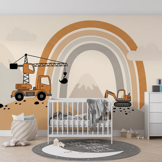 Kids-Mundo construction truck and rainbow mural, printed made to measure for a child's bedroom wall.