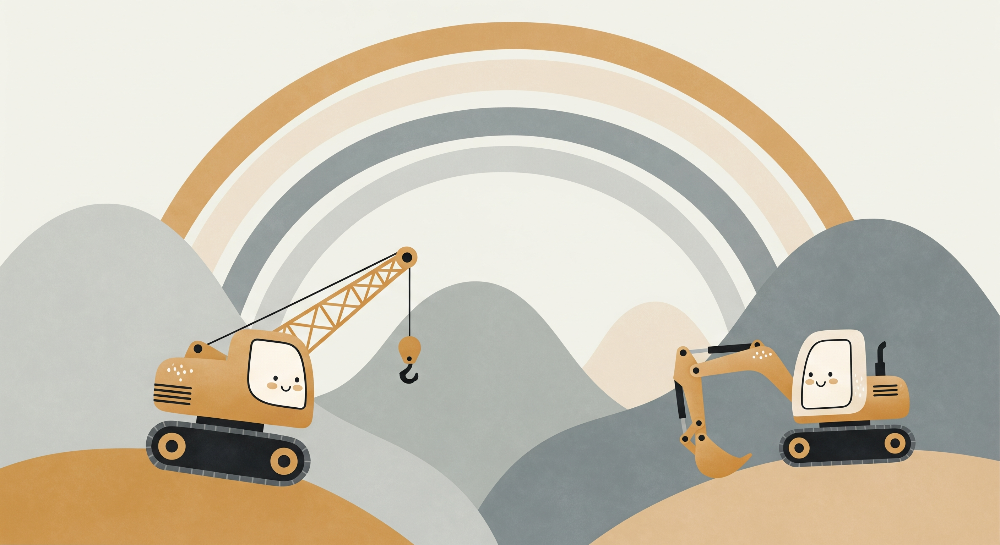 Rainbow Crane and Digger Construction Wall Mural