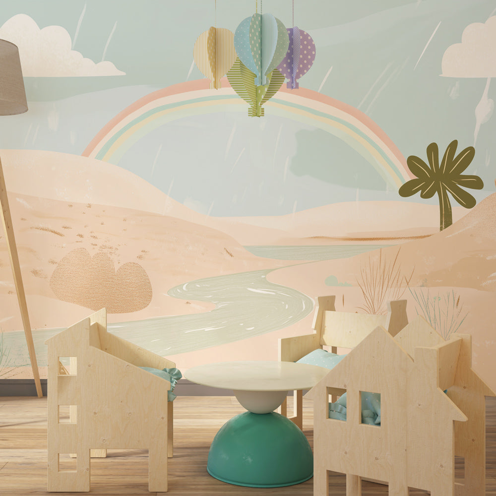 Colorful rainbow sky wallpaper transforming children's bedroom with desert theme by Kids-Mundo