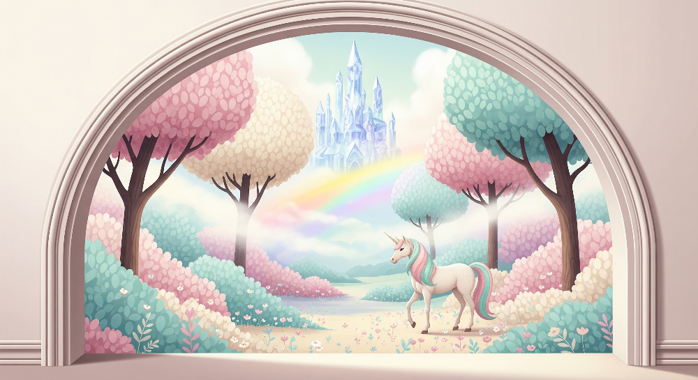 Kids-Mundo flat artwork preview of the rainbow unicorn garden wall mural design with crystal castle.
