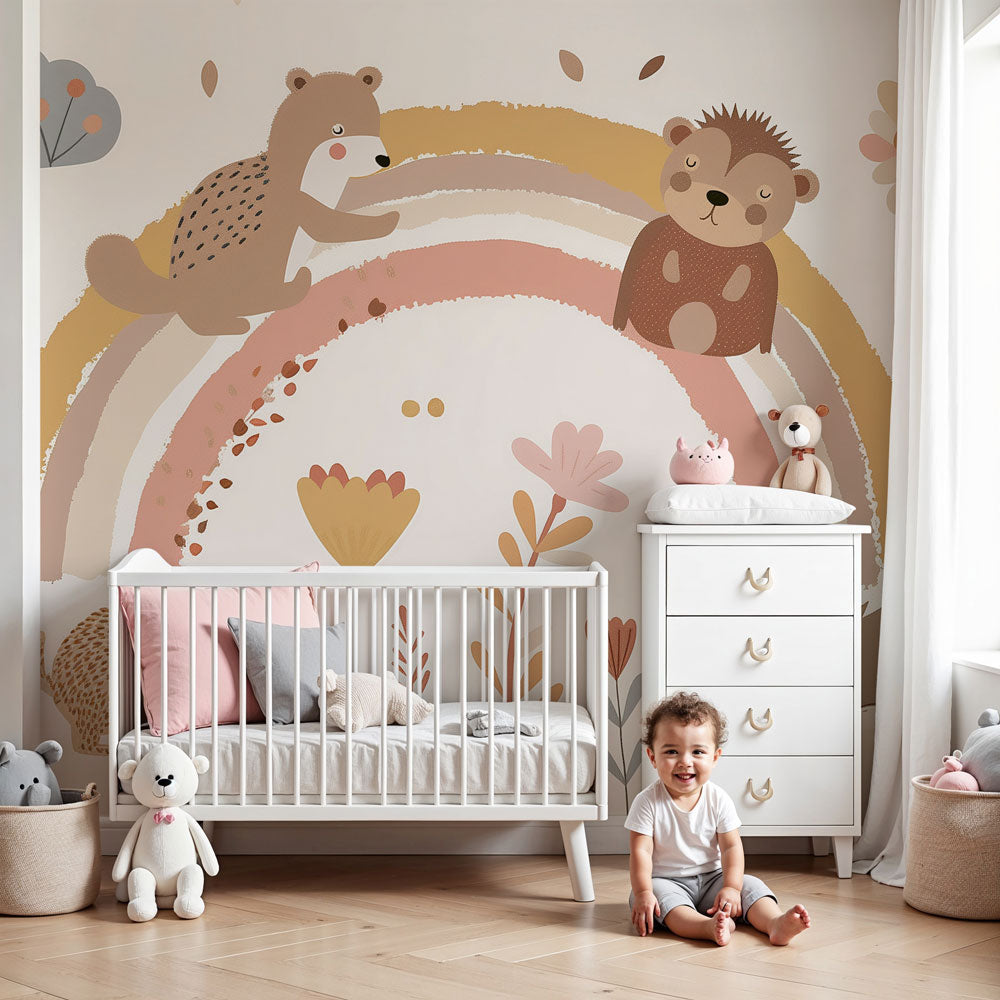 Rainbow garden mural wallpaper with woodland animals in cozy baby nursery by Kids-Mundo