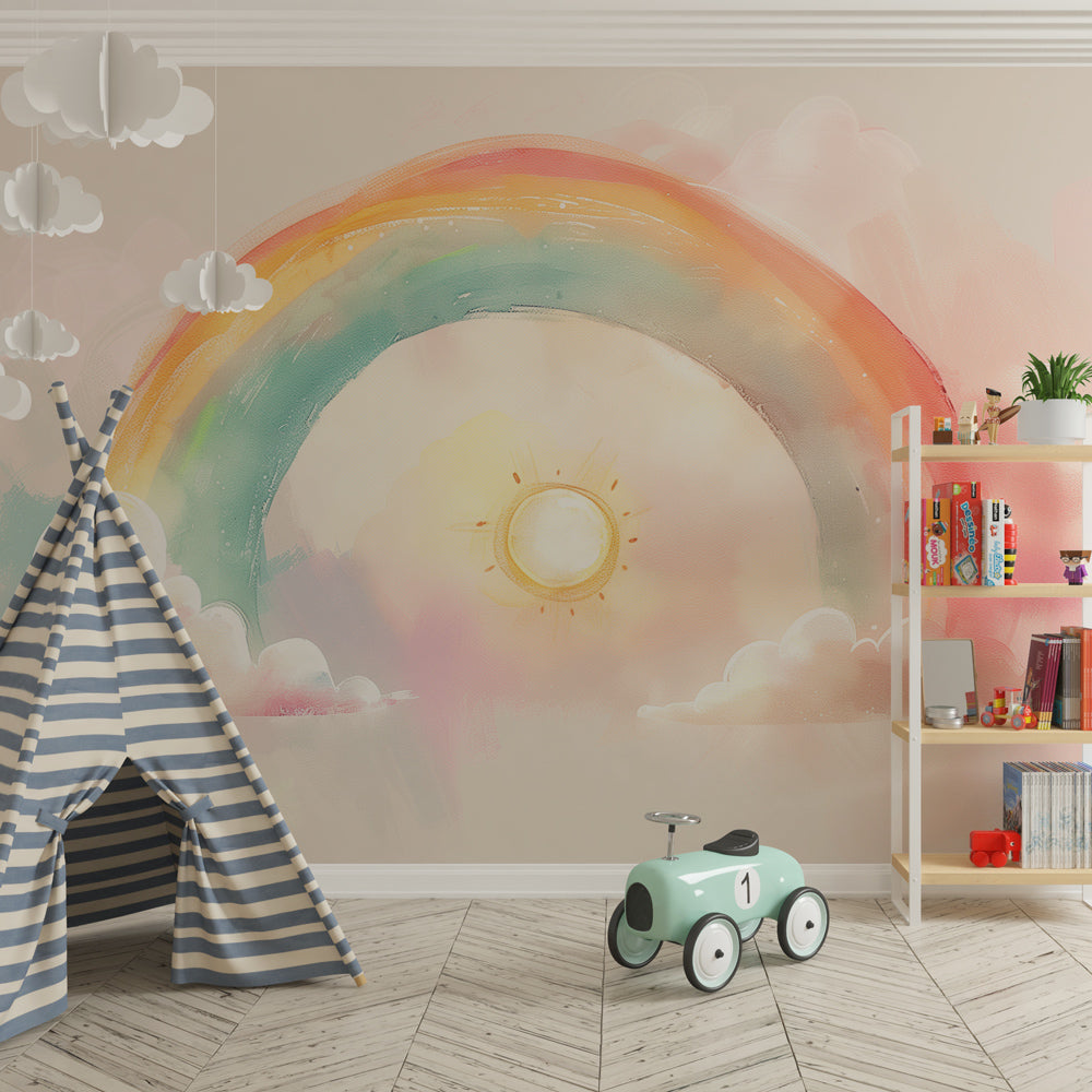 Pastel rainbow sky wallpaper transforming children's bedroom into magical space