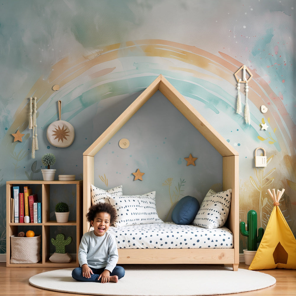 Watercolor rainbow mural wallpaper creating magical nursery atmosphere by Kids-Mundo