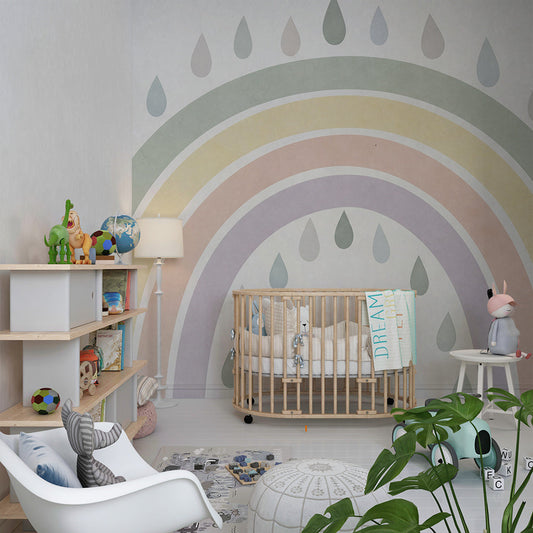 Kids-Mundo muted rainbow wall mural above a single bed in a kids bedroom