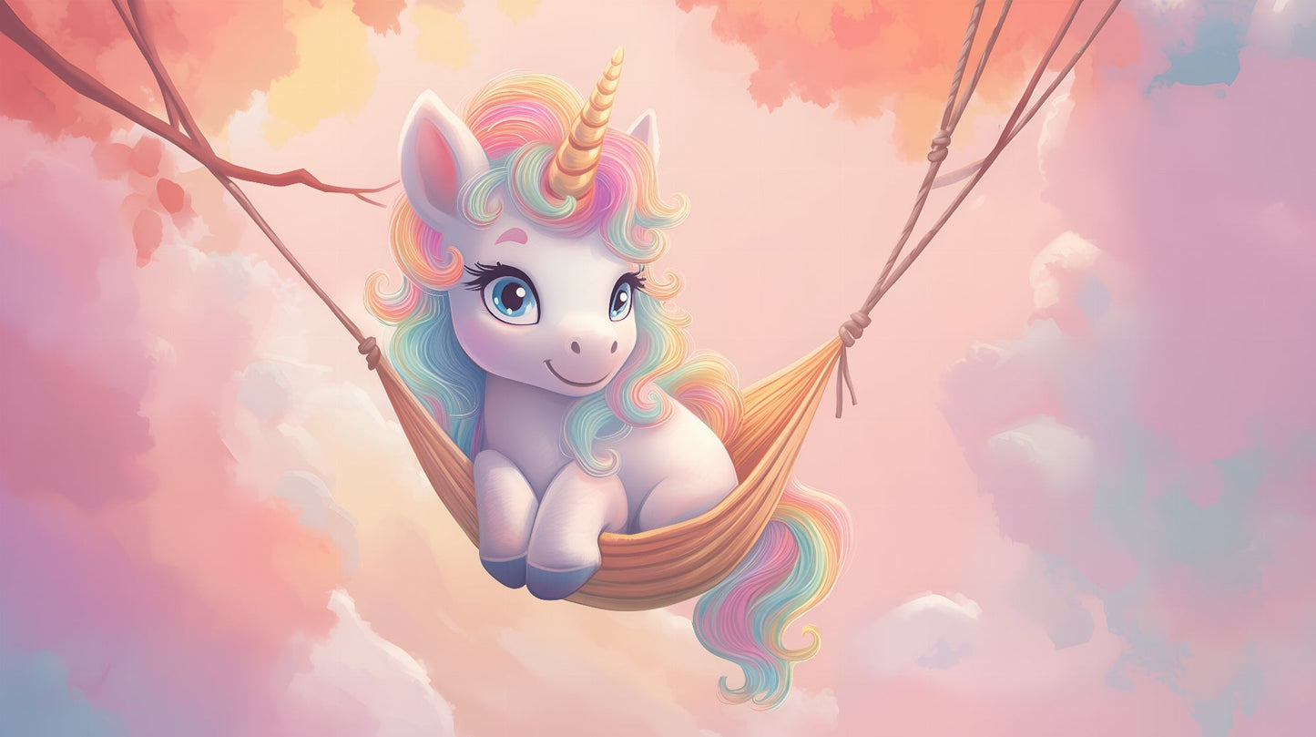 Kids-Mundo rainbow unicorn wall mural artwork showing a unicorn resting in a hammock