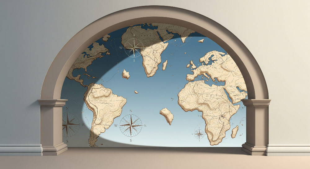 Kids-Mundo flat artwork preview of the raised relief world map archway wall mural design.