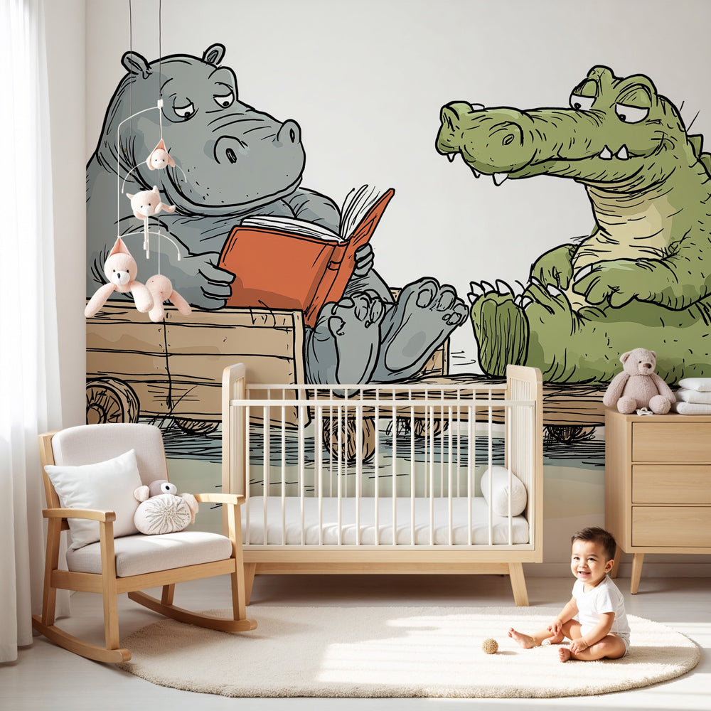 Reading animals mural wallpaper with hippo and crocodile in cozy kids bedroom by Kids-Mundo