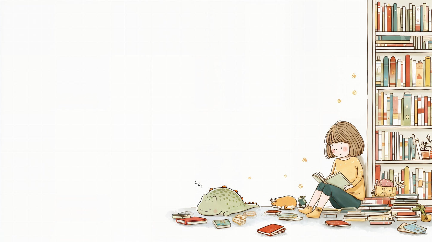 Kids-Mundo flat artwork of a girl reading beside a sleepy dinosaur and a bookshelf