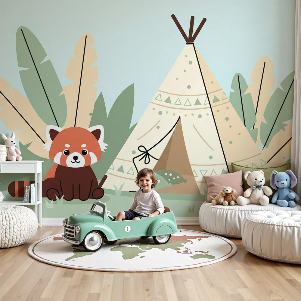 Red panda adventure mural wallpaper creating magical nursery decor with tipi theme by Kids-Mundo