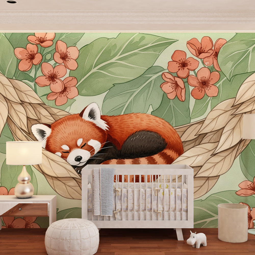 Floral red panda wallpaper in modern baby bedroom with natural wood furniture and soft lighting