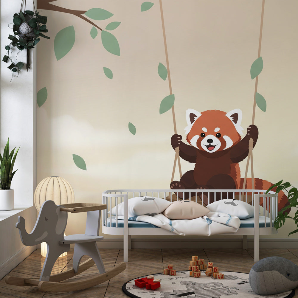 Woodland red panda wallpaper creating peaceful children's bedroom atmosphere with pastel tones