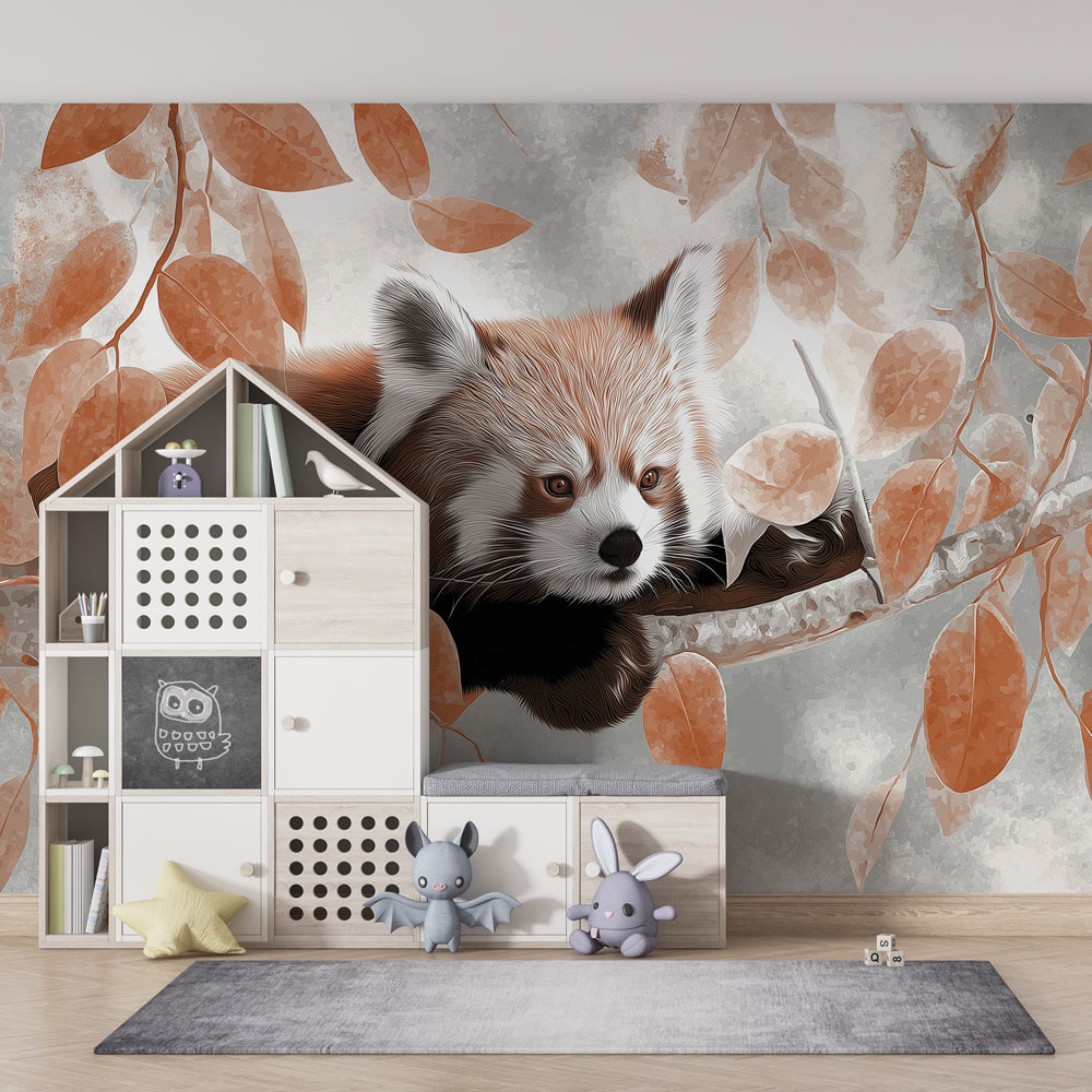Animal themed red panda wallpaper in modern kids bedroom with natural wood furniture by Kids-Mundo