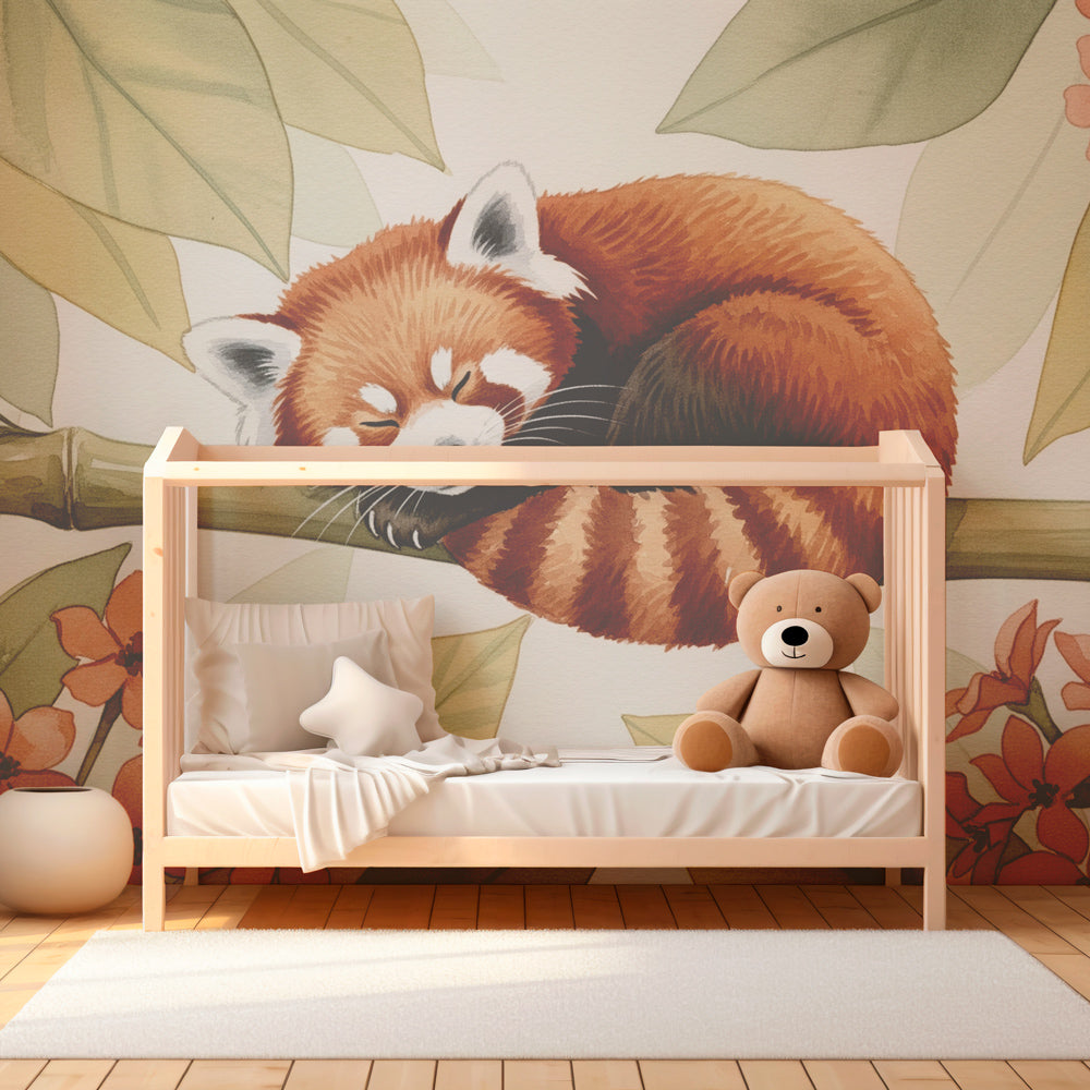 Sleeping red panda wallpaper in cozy kids bedroom with natural wood furniture by Kids-Mundo