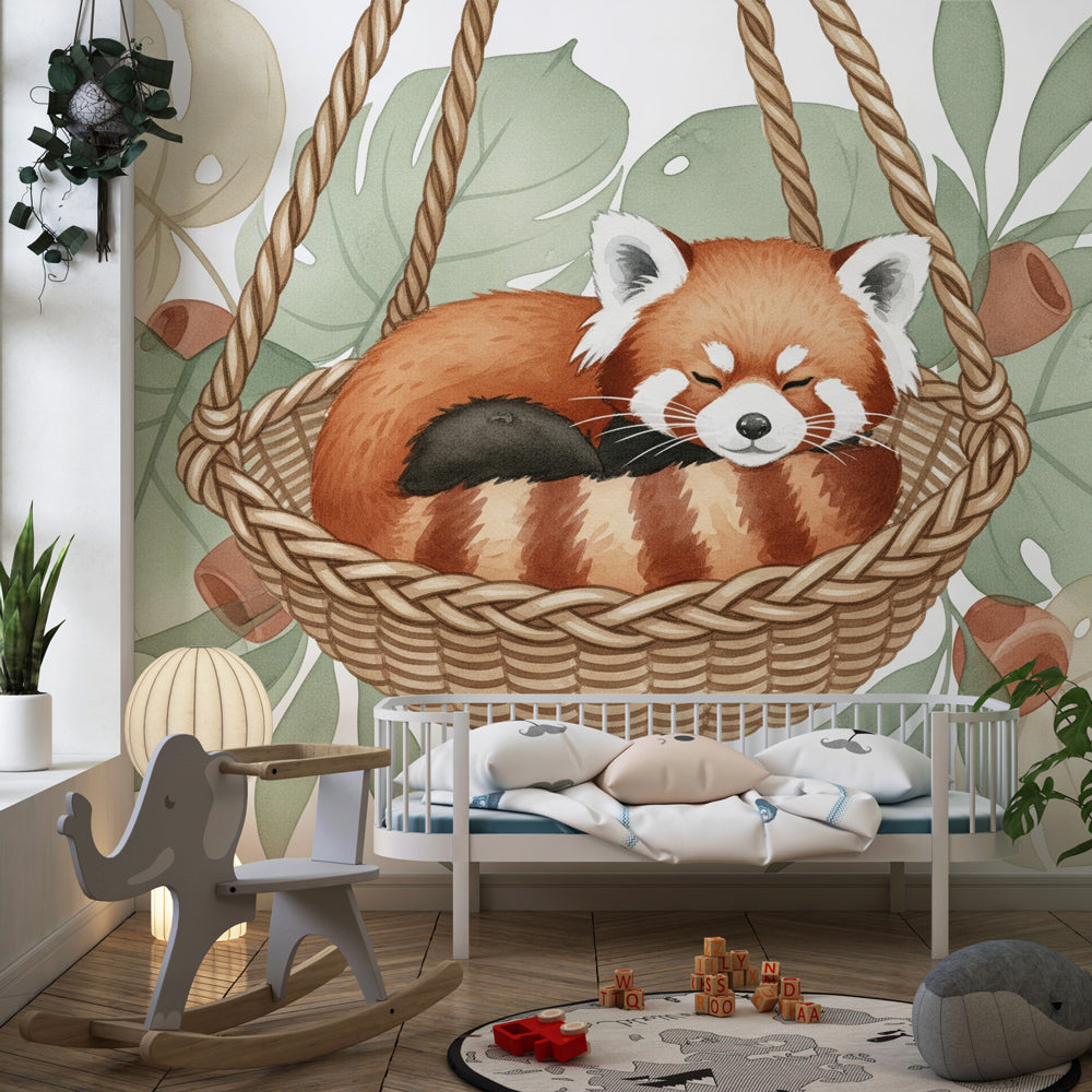 Peaceful red panda wallpaper in children's bedroom with natural wooden furniture