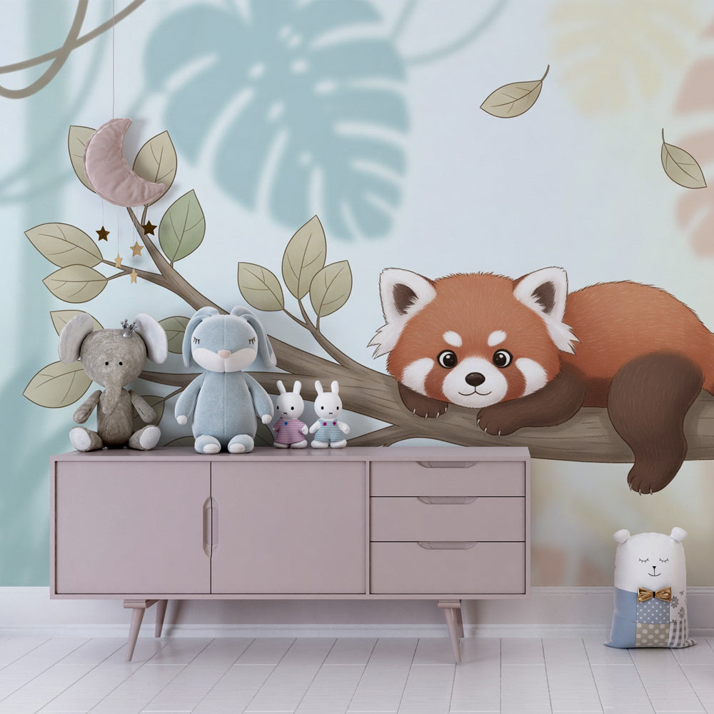 Cute red panda animal wallpaper transforming kids bedroom with calming blue and green tones