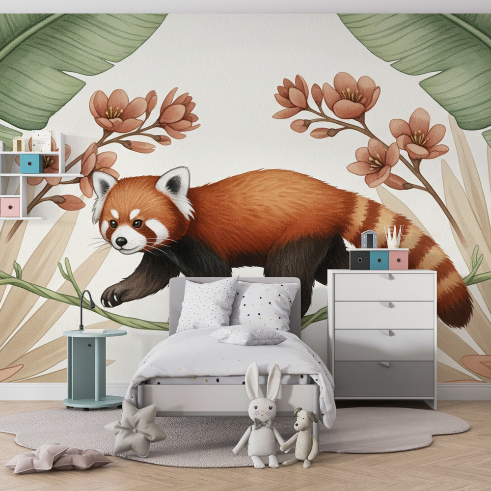 Tropical red panda wallpaper creating wildlife-themed children's bedroom decor