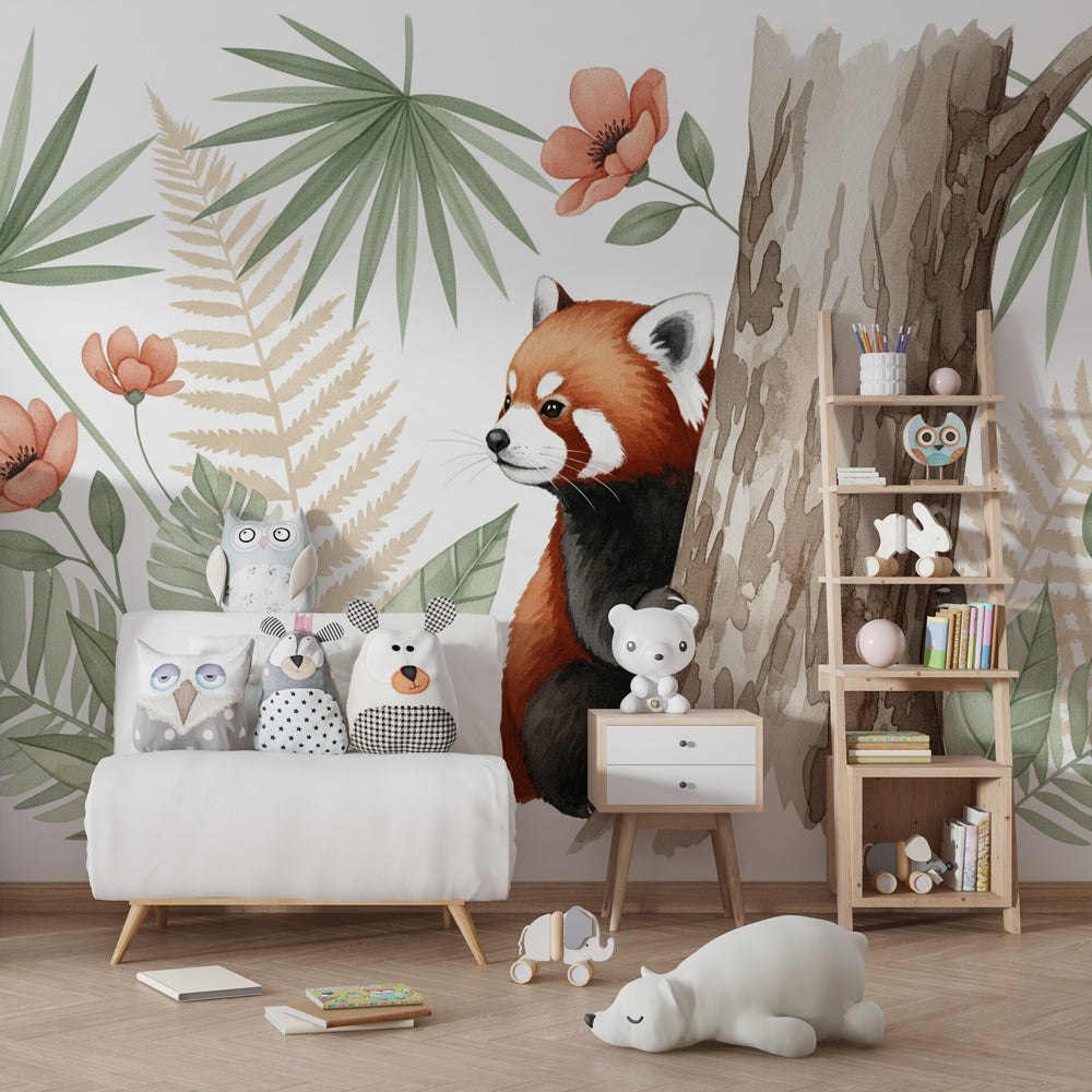 Tropical red panda wallpaper creating safari adventure theme in children's bedroom decor