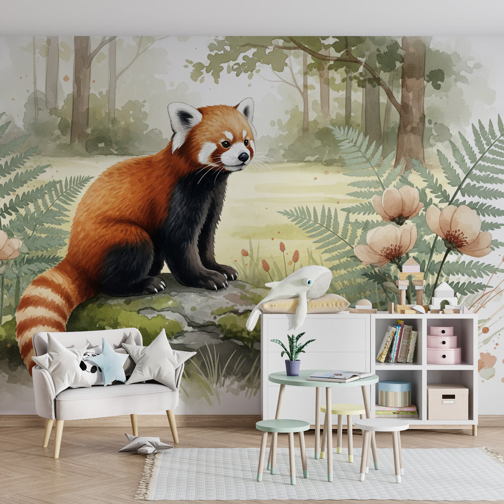 Nature-themed red panda wallpaper transforming children's bedroom into forest sanctuary