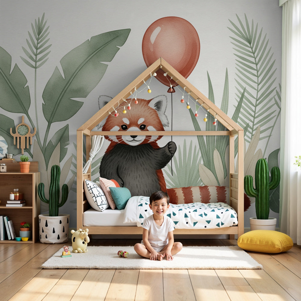 Red panda mural wallpaper with tropical leaves in modern nursery by Kids-Mundo