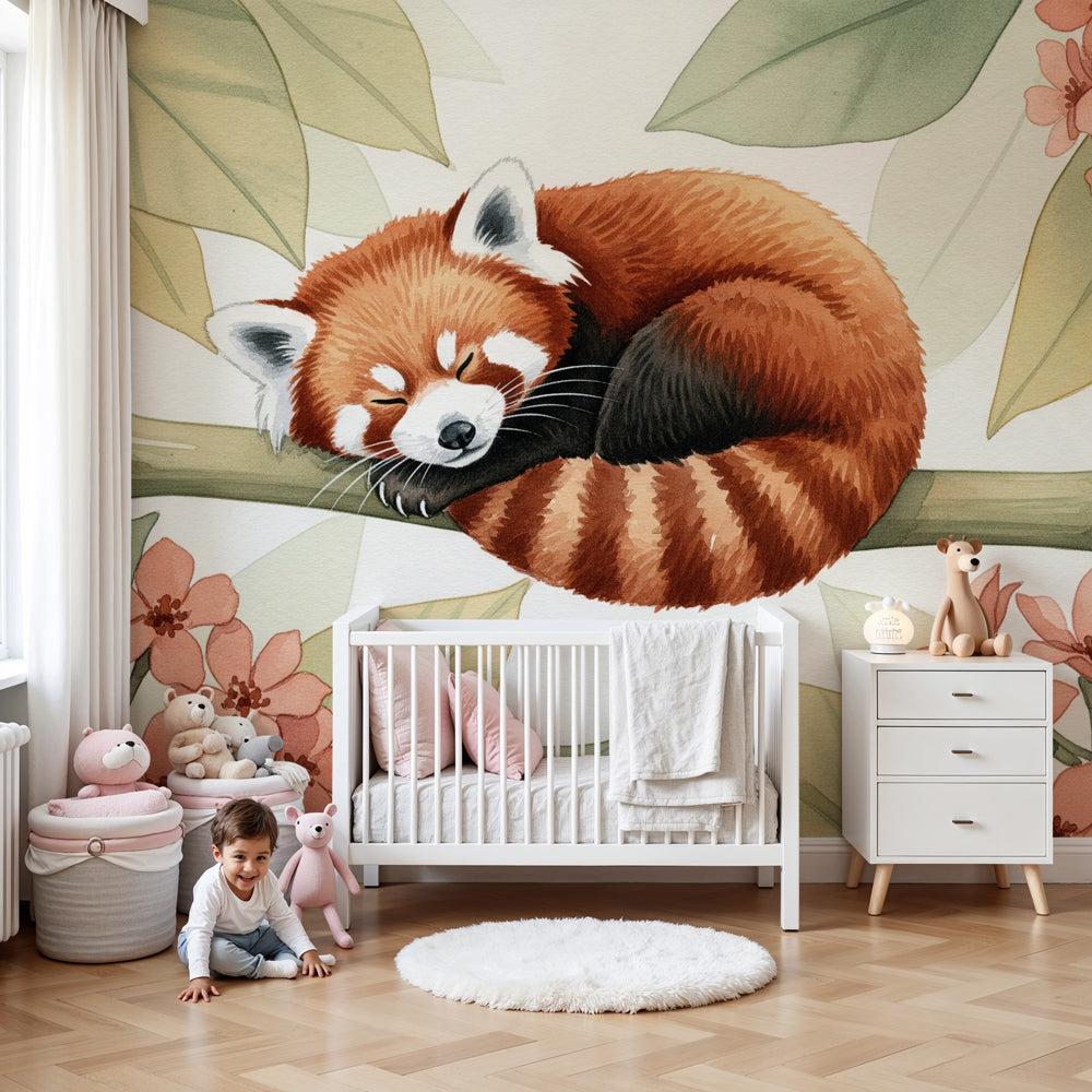 Red panda mural wallpaper creating peaceful nursery decor with floral elements by Kids-Mundo