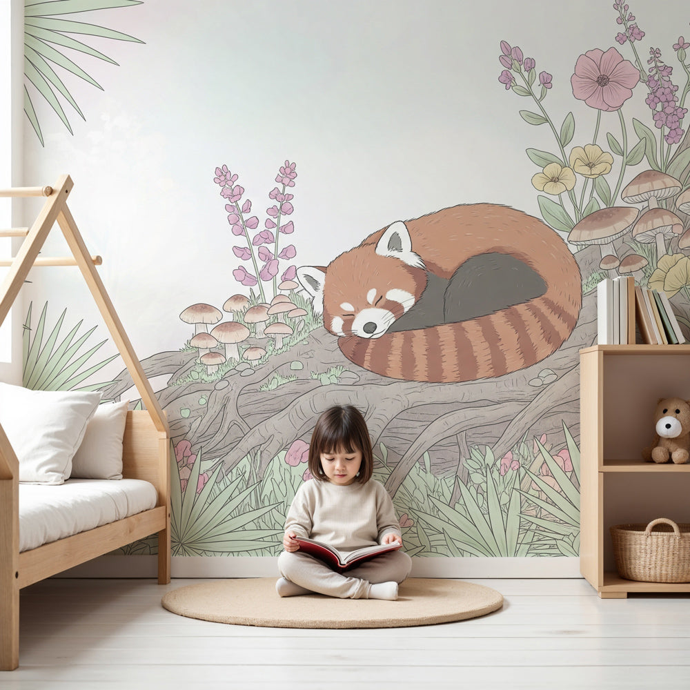 Red panda mural wallpaper creating magical nursery decor with sleeping panda in forest garden by Kids-Mundo