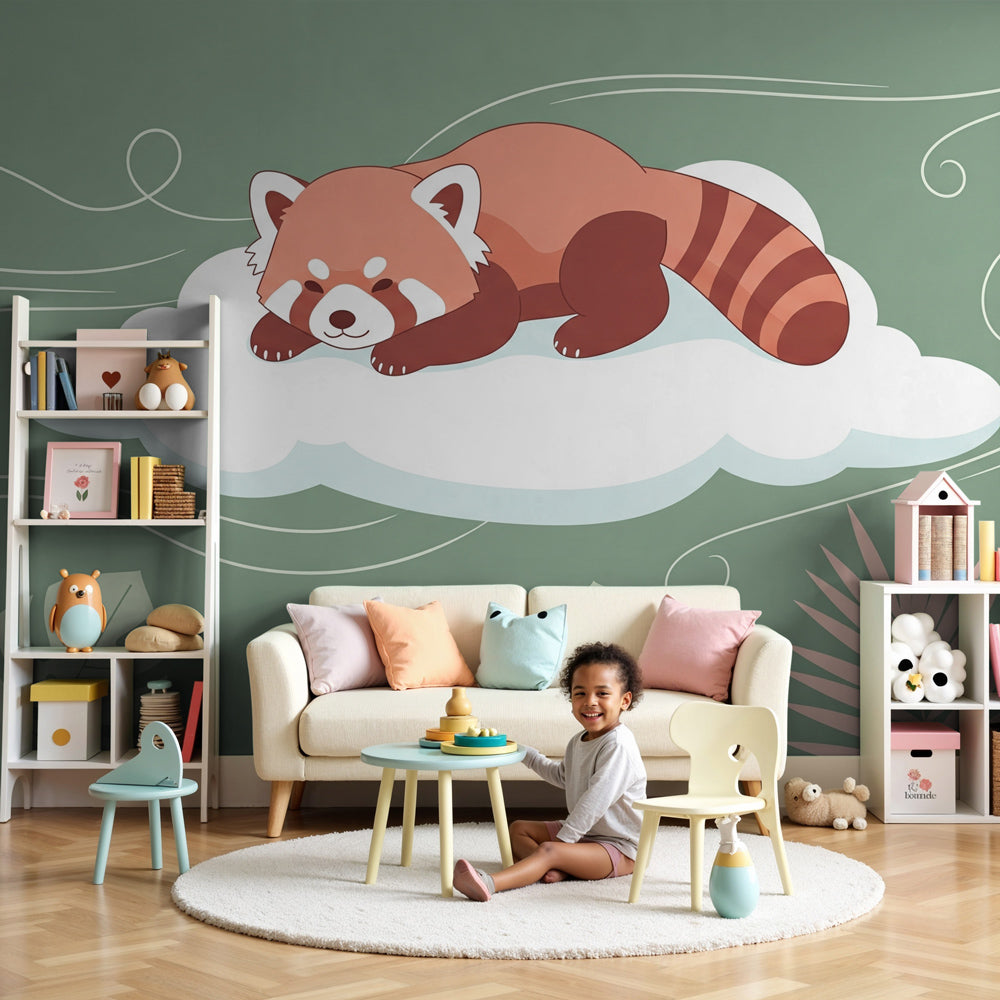 Red panda sleeping on cloud mural wallpaper in cozy children's nursery by Kids-Mundo