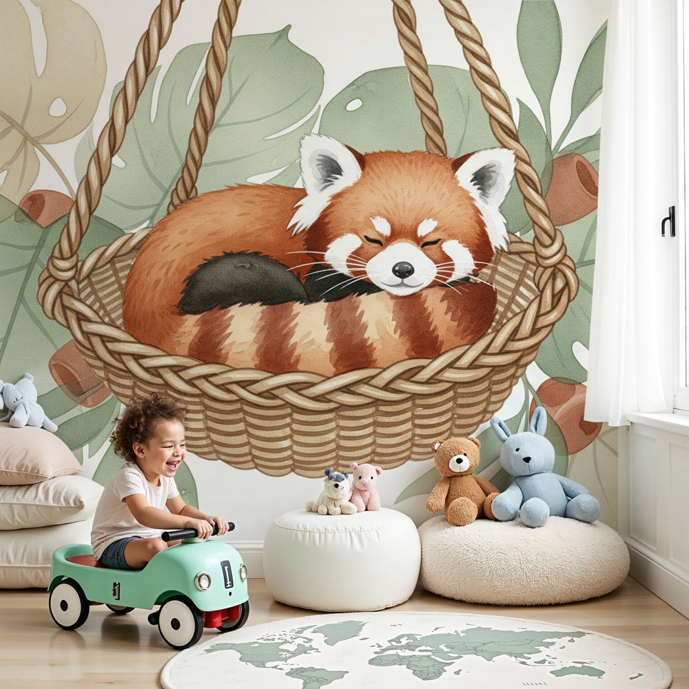 Red panda hammock mural wallpaper creating peaceful nursery decor by Kids-Mundo