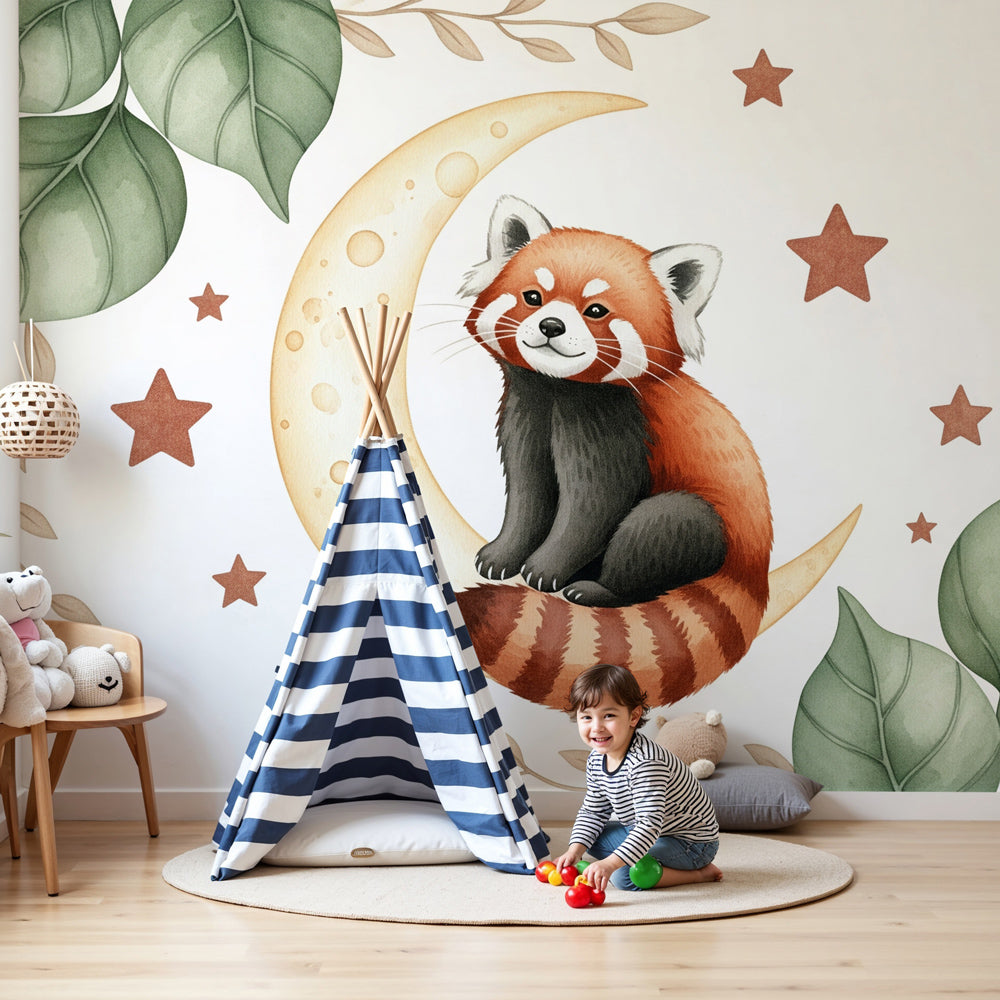 Red panda starry moon mural wallpaper in cozy baby nursery setting by Kids-Mundo