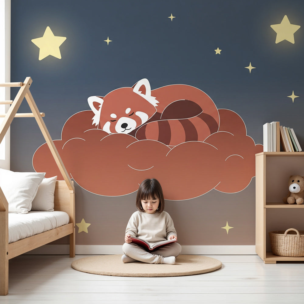 Red panda mural wallpaper creating dreamy nursery atmosphere with sleeping panda on cloud by Kids-Mundo