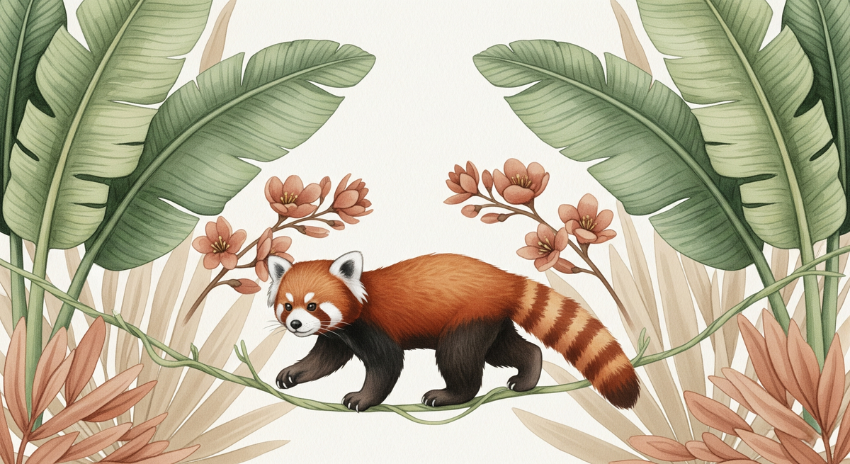 Red Panda Walking Through Banana Leaves Wall Mural