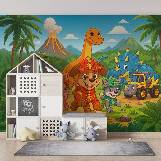 Kids-Mundo rescue pup wall mural with dinosaur friend above a bed in a bedroom